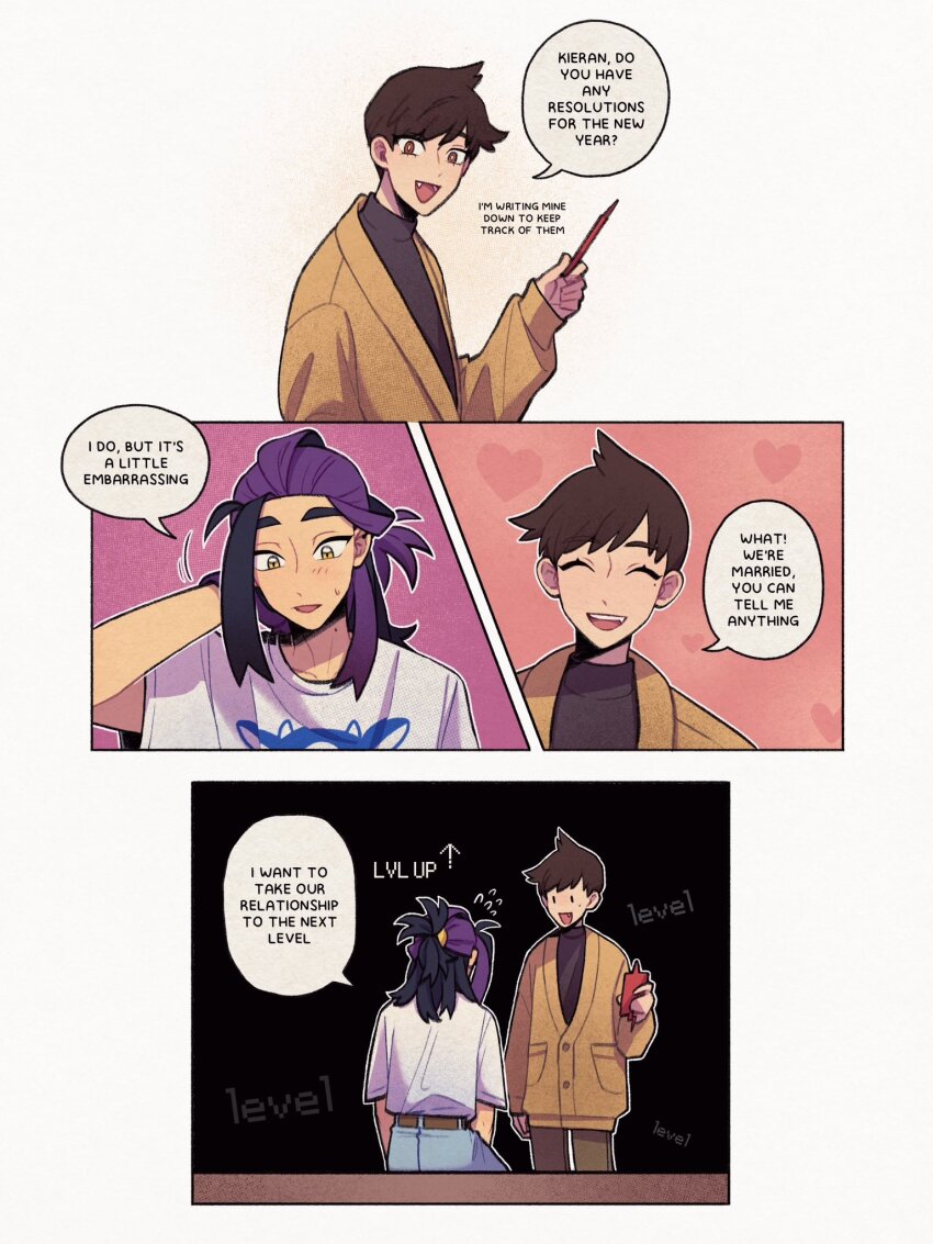 2boys :d arrow_(symbol) belt black_hair bright_pupils brown_belt brown_eyes brown_hair closed_eyes commentary english_text fangs florian_(pokemon) gen_4_pokemon hand_up highres holding jacket kieran_(pokemon) looking_down male_focus multicolored_hair multiple_boys nintendo open_mouth pants pokemon pokemon_sv purple_hair rotom rotom_phone shirt short_hair smile speech_bubble submashell t-shirt two-tone_hair yellow_eyes