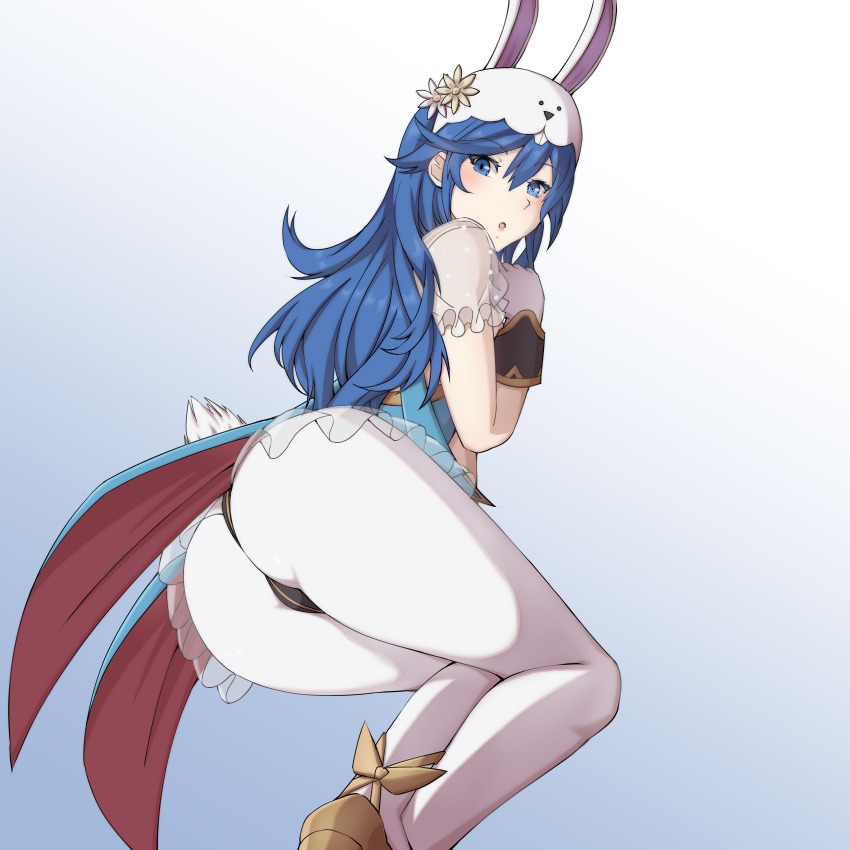 1girl absurdres alternate_costume ass ass_focus blue_eyes blue_hair blush cameltoe embarrassed fire_emblem fire_emblem_awakening fire_emblem_heroes from_behind from_below gloves hat highres huge_ass leotard long_hair looking_at_viewer lucina_(fire_emblem) lucina_(spring_exalt)_(fire_emblem) nintendo open_mouth pantyhose parted_lips petticoat sitting solo thick_thighs thighs very_long_hair yokozuwari zerocgm