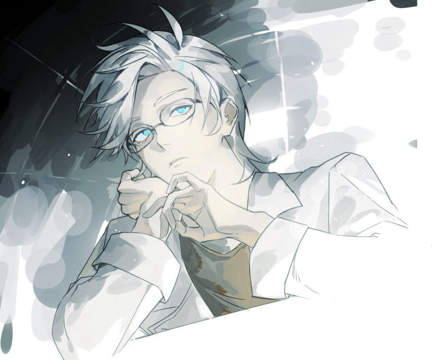 1boy ang50 blue_eyes brown_shirt chinese_commentary closed_mouth commentary_request cropped_torso glasses head_rest highres jacket kanou_aogu lapels long_sleeves male_focus notched_lapels open_clothes open_jacket saibou_shinkyoku shirt short_hair solo white_hair white_jacket