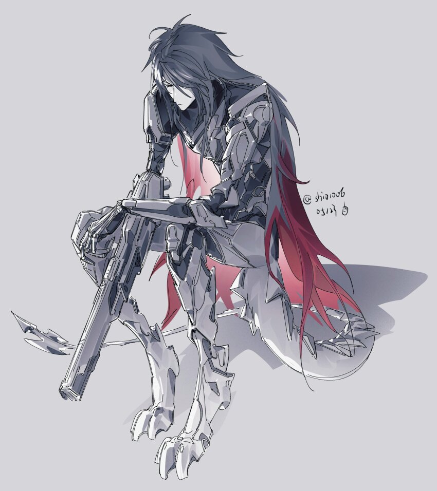 1boy alternate_costume alternate_universe black_hair closed_eyes final_fantasy final_fantasy_vii full_body grey_background gun hair_over_one_eye highres lily_(shio1006) long_hair male_focus mechanical_arms mechanical_legs mechanical_tail pale_skin prosthetic_weapon solo tail twitter_username vincent_valentine weapon