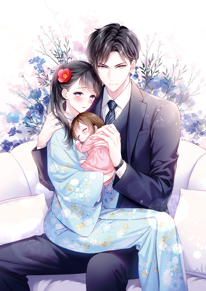 1boy 1girl baby black_hair black_necktie black_pants black_suit black_vest blue_kimono blush brown_hair carrying_baby carrying_person couple cover cover_page floral_print floral_print_kimono flower formal_clothes hair_flower hair_ornament hetero highres japanese_clothes kimono long_sleeves necktie novel_cover official_art on_lap pajamas pants pink_pajamas print_kimono short_hair sitting suit vest yuka_(mischief)