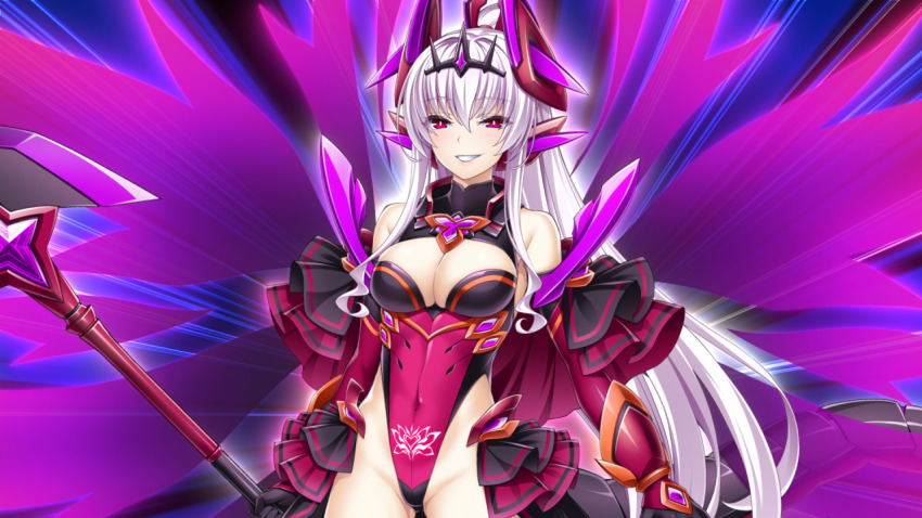 1girl abystia_dragoon armor bare_shoulders breasts cleavage corruption covered_navel cowboy_shot dark_persona demon_horns detached_sleeves elbow_gloves energy_wings faulds game_cg gloves gluteal_fold grin hair_between_eyes headgear highleg highleg_leotard holding holding_polearm holding_weapon horns inoino kouyoku_senki_exs-tia large_breasts leotard long_hair looking_at_viewer medium_breasts non-web_source official_art pink_eyes pointy_ears polearm ponytail pubic_tattoo purple_wings red_eyes rieszverne_suzette_paladill showgirl_skirt smile solo standing tail tattoo very_long_hair weapon white_hair wings