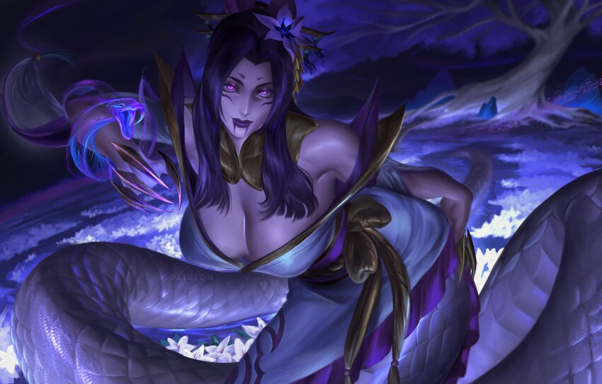 1girl breasts cassiopeia_(league_of_legends) cleavage facepaint fake_claws flower glowing glowing_eyes hair_flower hair_ornament highres japanese_clothes kimono lamia league_of_legends looking_at_viewer monster_girl parted_bangs purple_hair sleinyeswownc solo spirit_blossom_cassiopeia tree