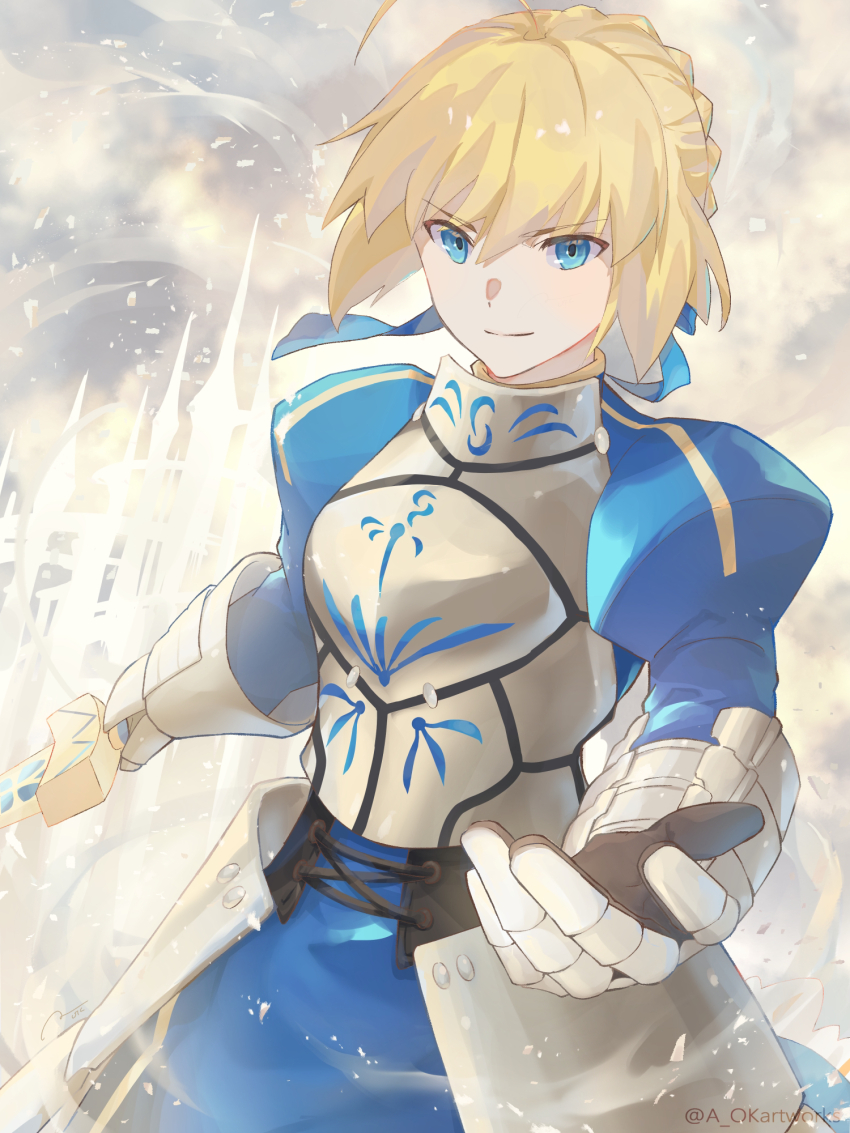 1girl ahoge aopix_001 armor armored_dress artoria_pendragon_(fate) blonde_hair blue_bow blue_dress blue_eyes bow braid braided_bun breastplate breasts bun_with_braided_base dress excalibur_(fate/stay_night) fate/grand_order fate_(series) gauntlets gloves hair_between_eyes hair_bun hair_ornament hair_ribbon hands_on_hilt highres holding holding_sword holding_weapon long_sleeves looking_at_viewer outstretched_arms outstretched_hand ponytail ponytail_with_braided_base reaching reaching_towards_viewer ribbon saber_(fate) short_hair sidelocks smile solo sword twitter_username weapon