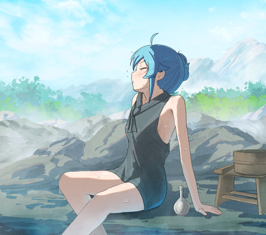 1girl absurdres alternate_hairstyle arm_support black_dress blush bottle closed_eyes commentary daimaou_cc day dress english_commentary feet_out_of_frame hair_bun highres horizon mountainous_horizon mushoku_tensei official_alternate_costume on_rock outdoors roxy_migurdia short_dress short_hair sitting sky sleeveless sleeveless_dress solo thighs wet