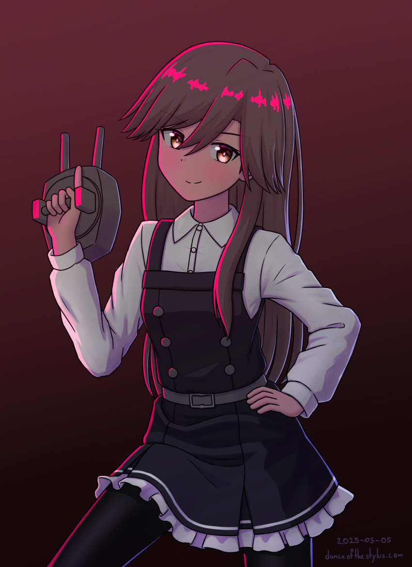 1girl adapted_turret arashio_(kancolle) arashio_kai_ni_(kancolle) black_background black_dress black_pantyhose brown_background brown_eyes brown_hair collared_shirt cowboy_shot dress dress_shirt frilled_dress frills gradient_background hair_between_eyes highres kantai_collection konato_k long_hair pantyhose shirt smile solo white_shirt