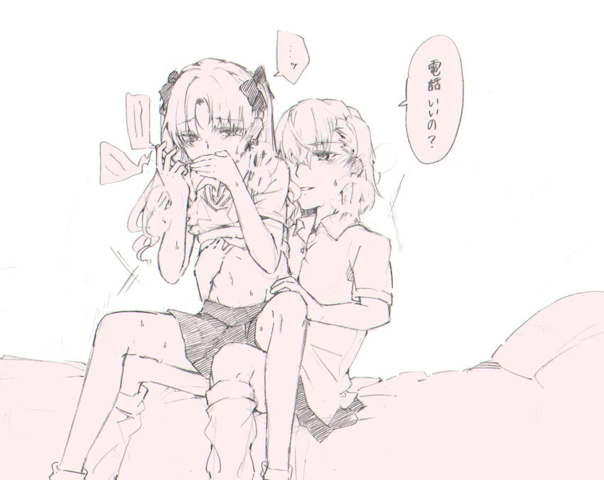 2girls blush bow cellphone clothes_lift covering_own_mouth dress_shirt groin hair_between_eyes hair_bow hair_ornament hair_ribbon hand_on_another&#039;s_hip hand_under_clothes hand_under_shirt higashizukihi_sei highres limited_palette long_hair loose_socks midriff monochrome multiple_girls navel open_mouth phone pillow ribbon shirai_kuroko shirt shirt_lift short_hair short_sleeves short_twintails sitting sitting_on_lap sitting_on_person sketch skirt smile socks speech_bubble spread_legs sweat toaru_kagaku_no_railgun toaru_majutsu_no_index translated twintails white_background yuri