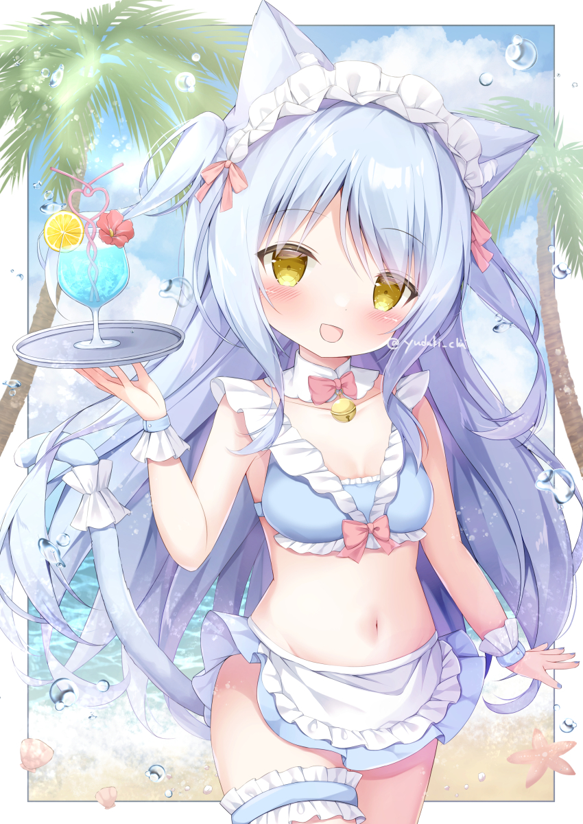 1girl absurdres animal_ears apron bad_tag beach bell bikini bikini_skirt blue_bikini blue_hair blue_sky blush bow breasts cat_ears cat_tail cloud cup day detached_collar drink drinking_glass drinking_straw frilled_apron frilled_bikini frills highres holding holding_tray long_hair maid maid_bikini maid_headdress navel neck_bell ocean open_mouth original outdoors palm_tree pink_bow skirt sky small_breasts smile solo starfish swimsuit tail tray tree tropical_drink twitter_username unconventional_maid very_long_hair waist_apron white_apron wrist_cuffs yellow_eyes yuduki_pdx