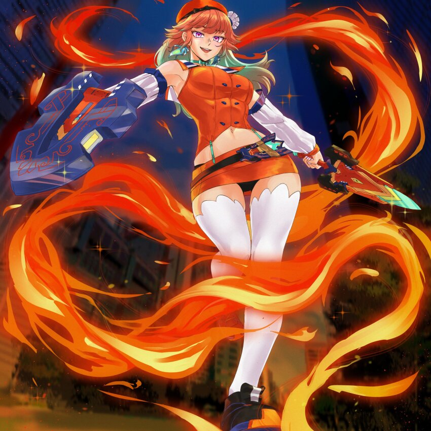 1girl bow bow_choker chef_hat choker earrings feather_earrings feathers fire gradient_hair green_hair hat highres holding holding_shield holding_sword holding_weapon hololive hololive_english iskaydi jewelry long_hair looking_at_viewer mini_chef_hat multicolored_hair multiple_hats open_mouth orange_hair orange_hat orange_skirt purple_eyes shield skirt smile solo sword takanashi_kiara takanashi_kiara_(1st_costume) thighhighs virtual_youtuber weapon
