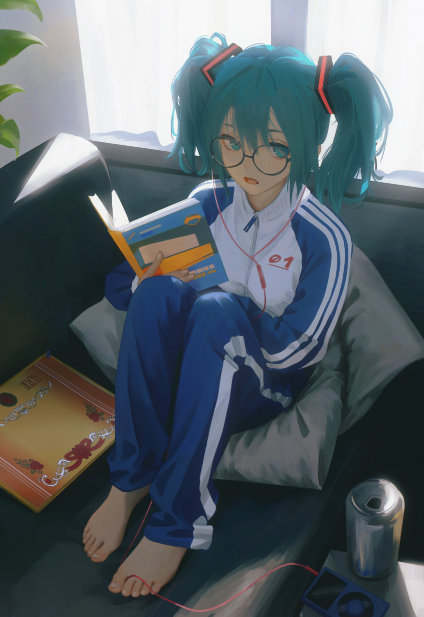 1girl absurdres aqua_eyes aqua_hair barefoot blue_pants blue_sleeves book can chinese_commentary commentary_request couch earphones glasses hair_between_eyes hatsune_miku highres jacket looking_at_viewer medium_hair on_couch open_book open_mouth pants pillow reading sitting solo twintails vocaloid white_jacket worldwide_miku yao_liao_wang zipper_pull_tab