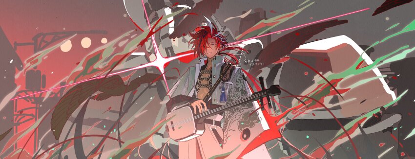 1boy absurdres black_hair dianci_sanweixian dragon_print earclip earrings eyebrow_cut fate/grand_order fate_(series) hair_over_one_eye highres instrument jacket japanese_clothes jewelry long_hair looking_at_viewer low_ponytail male_focus multicolored_hair nagatekkou pectoral_cleavage pectorals ponytail red_eyes red_hair shamisen smile solo streaked_hair takasugi_shinsaku_(fate) underpec white_hair white_jacket