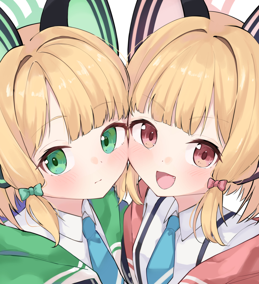 2girls :d animal_ear_headphones animal_ears blonde_hair blue_archive blue_necktie blunt_bangs blush bow cat_ear_headphones cheek_press closed_mouth collared_shirt commentary fake_animal_ears fang frown green_bow green_eyes green_halo hair_bow hair_intakes halo happy headphones heads_together highres looking_at_viewer medium_hair midori_(blue_archive) momoi_(blue_archive) multiple_girls necktie open_mouth osmium-76 pink_halo portrait red_bow red_eyes school_uniform shirt siblings simple_background sisters smile twins white_background white_shirt