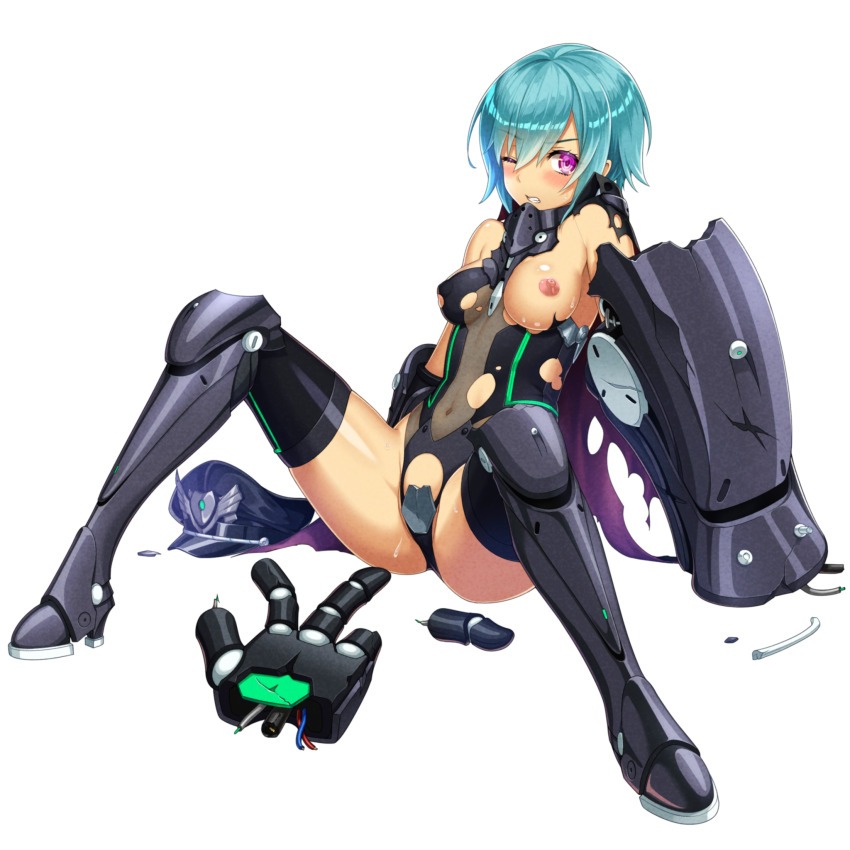 1girl angry armor beige_skin blue_hair blush boots cape coat damaged disgust embarrassed full_body gauntlet hat_aside looking_at_viewer nanatsu_no_bitoku navel nipple_slip nipples one_eye_closed open_mouth oversized_object sandalphon_(nanatsu_no_bitoku) see-through_clothes short_hair spread_legs teeth thighhighs torn_clothes transparent_background