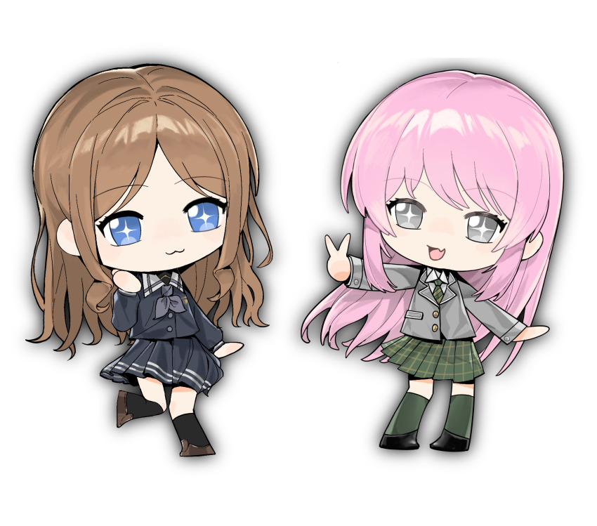 2girls :3 anli_(jwcpp4sum0mgk5r) bang_dream! bang_dream!_it&#039;s_mygo!!!!! black_footwear black_socks blue_eyes blue_skirt brown_footwear brown_hair chibi chibi_only chihaya_anon chinese_commentary closed_mouth commentary_request diagonal-striped_clothes diagonal-striped_necktie fang full_body green_necktie green_skirt green_socks grey_eyes grey_jacket grey_neckerchief haneoka_school_uniform highres jacket kneehighs long_hair long_sleeves looking_at_viewer multiple_girls nagasaki_soyo neckerchief necktie open_mouth pink_hair plaid_clothes plaid_skirt pleated_skirt school_uniform shadow sidelocks simple_background skin_fang skirt socks star-shaped_pupils star_(symbol) striped_clothes symbol-shaped_pupils tsukinomori_school_uniform v white_background