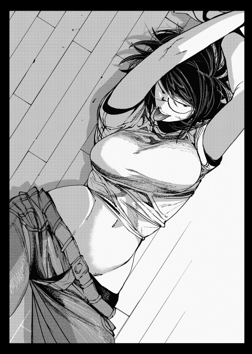 1girl glasses hachinuki_tetsuyo highres navel she_(hachinuki_tetsuyo) short_hair tagme tongue