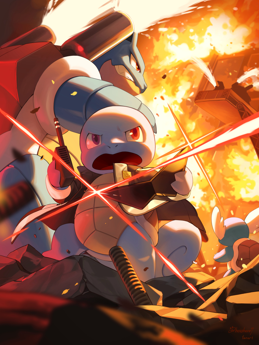 absurdres blastoise clenched_teeth clothed_pokemon coat commentary_request evolutionary_line fire gen_1_pokemon highres hoishere7 holding nintendo no_humans open_clothes open_coat open_mouth pokemon pokemon_(creature) pokemon_focus red_eyes squirtle squirtle_squad standing sunglasses teeth wartortle