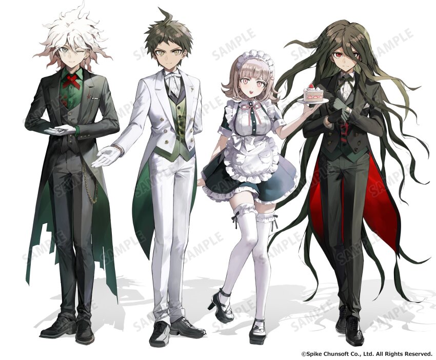 1girl 3boys :d ahoge artist_name black_dress black_shoes black_vest breasts brown_hair butler cake collared_shirt danganronpa_(series) danganronpa_2:_goodbye_despair dress dress_shirt flipped_hair food formal_clothes frilled_dress frills galaga gloves green_shirt green_vest highres hinata_hajime holding holding_cake holding_food holding_plate kamukura_izuru komaeda_nagito large_breasts long_hair maid_headdress medium_hair multiple_boys nanami_chiaki neck_ribbon official_alternate_costume one_eye_closed open_mouth pants pink_ribbon plate red_eyes ribbon shirt shoes short_hair simple_background smile spaceship_hair_ornament strawberry_shortcake suit tailcoat vest wata_(attaka_towel) white_background white_gloves white_pants white_suit