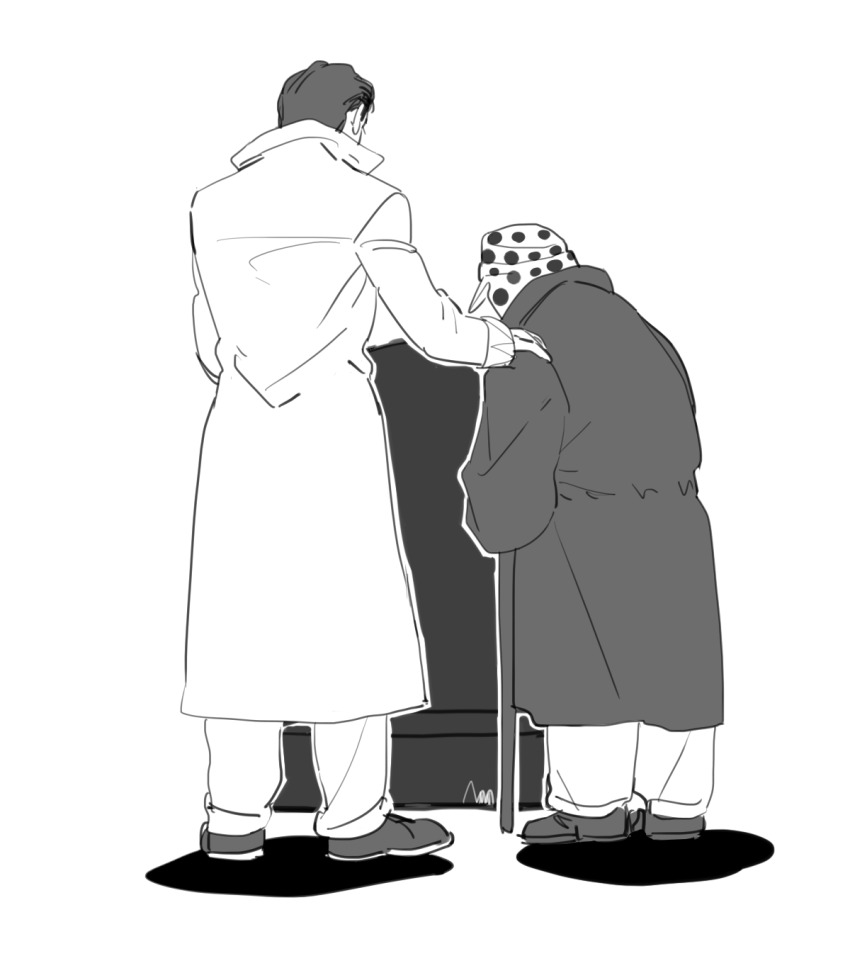 2boys bomber_hat cane diamond_wa_kudakenai greyscale hand_on_another&#039;s_shoulder highres jojo_no_kimyou_na_bouken joseph_joestar joseph_joestar_(old) kuujou_joutarou long_coat male_focus monochrome morikiri multiple_boys old old_man polka_dot_headwear tombstone