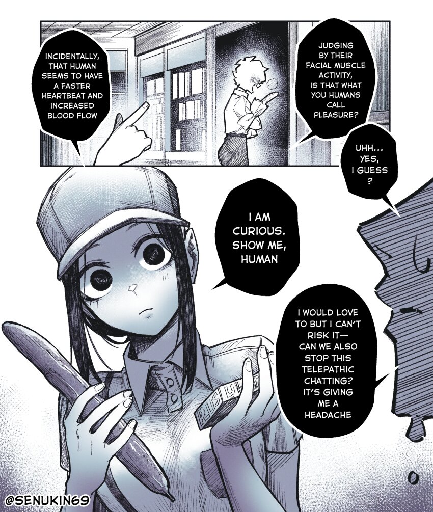 1boy 2girls absurdres artist_name blush breast_pocket breasts buttons closed_mouth commentary cucumber english_text food greyscale hat highres holding holding_food holding_vegetable kin_(senukin) monochrome multiple_girls my_co-worker_is_an_eldritch_x no_pupils pocket pointing pointing_at_another senukin shirt short_hair_with_long_locks short_sleeves simple_background speech_bubble sweat telepathy vegetable white_background wing_collar