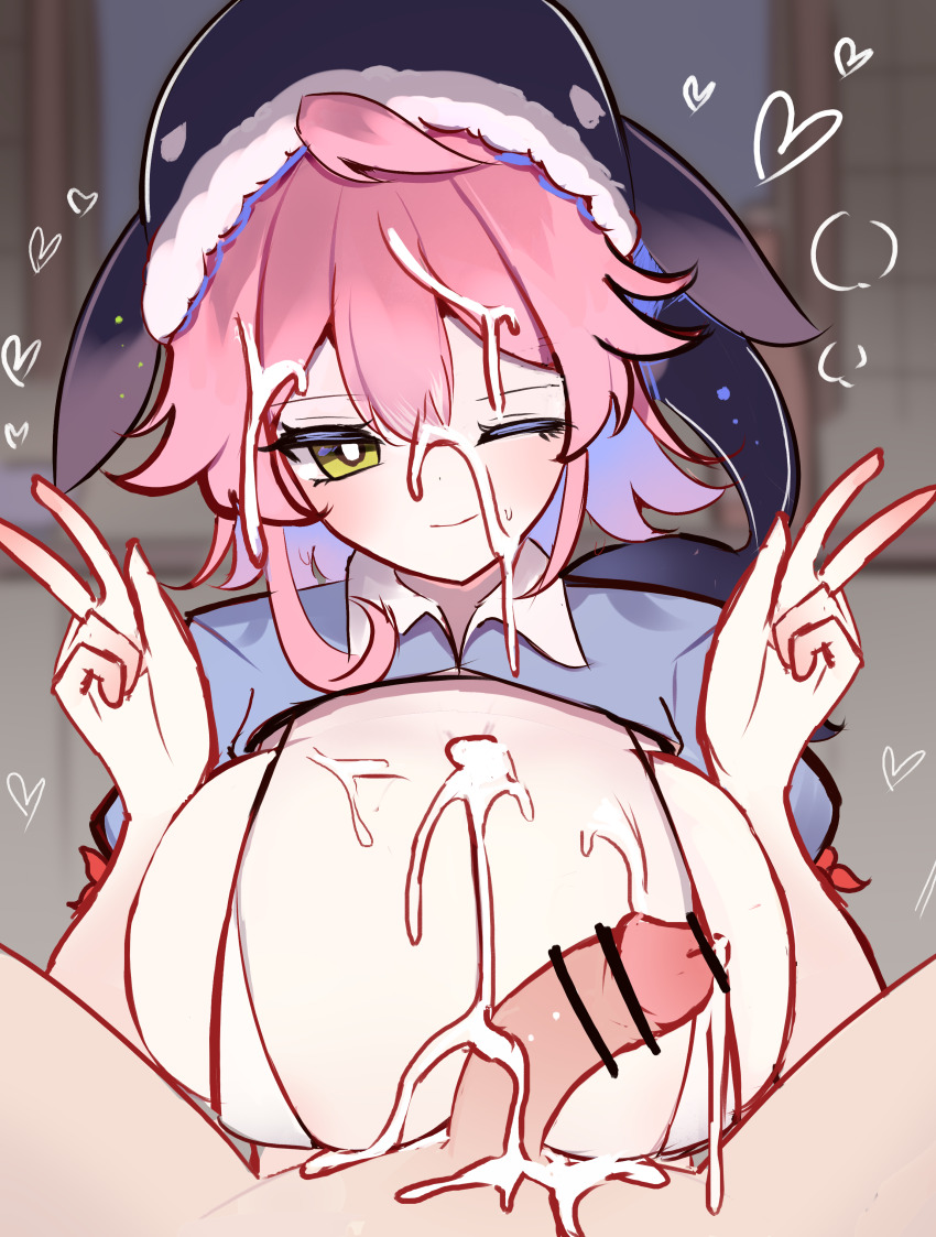 1boy 1girl absurdres after_paizuri alternate_eye_color bar_censor bikini blurry blurry_background blush breasts censored cleavage commentary_request cum cum_on_body cum_on_breasts cum_on_upper_body facial flaccid grey_shirt heart hetero highres indoors large_breasts large_variant_set looking_at_viewer medium_hair okunoda_miyoi one_eye_closed open_mouth paizuri penis pink_hair pov pov_crotch shen_bi_ren_(user_rjgy2824) shirt shouji sliding_doors solo_focus swimsuit touhou upper_body variant_set whale_hat white_bikini yellow_eyes