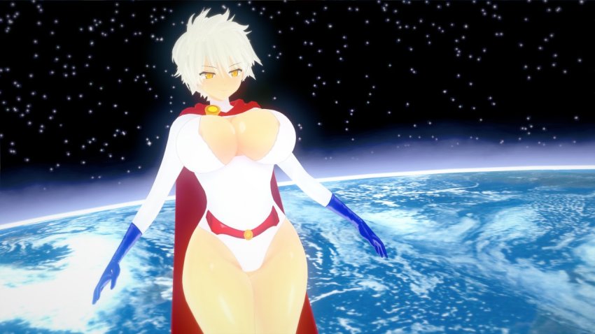 1girl blue_gloves breasts cape cleavage cleavage_cutout clothing_cutout cosplay earth_(planet) flying gloves huge_breasts leotard miyabi_(senran_kagura) planet power_girl power_girl_(cosplay) senran_kagura short_hair sky slit_pupils solo space star_(sky) starry_sky superhero_costume thick_thighs thighs white_hair white_leotard yellow_eyes