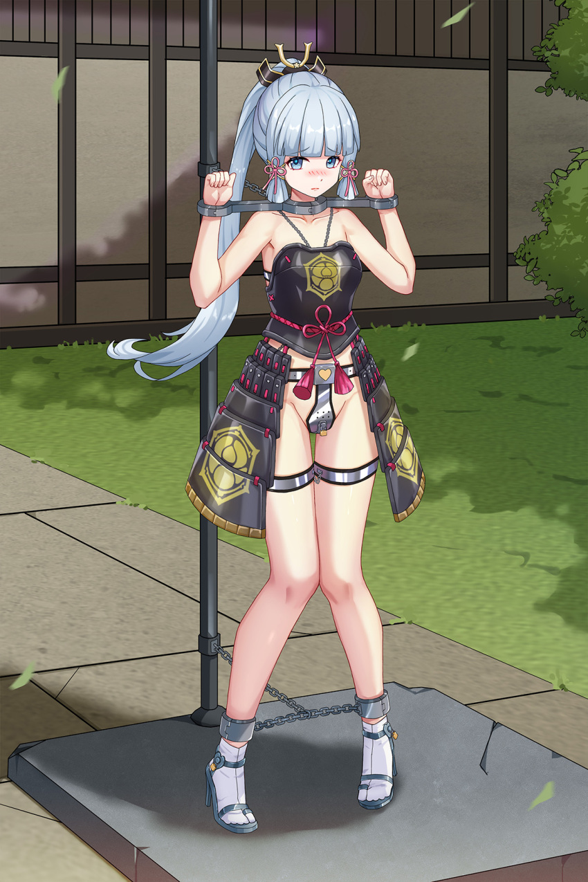 ankle_cuffs architecture armor armored_dress ayaka_(genshin_impact) bare_legs blue_eyes blue_hair blunt_bangs blunt_tresses blush bound bound_legs chastity_belt chastity_bra chinese_knot cuffs dress east_asian_architecture falling_leaves genshin_impact grass haimei1980 hair_ornament high_heels highres humiliation japanese_armor leaf outdoors pillory pole ponytail restrained shackles tabi tree