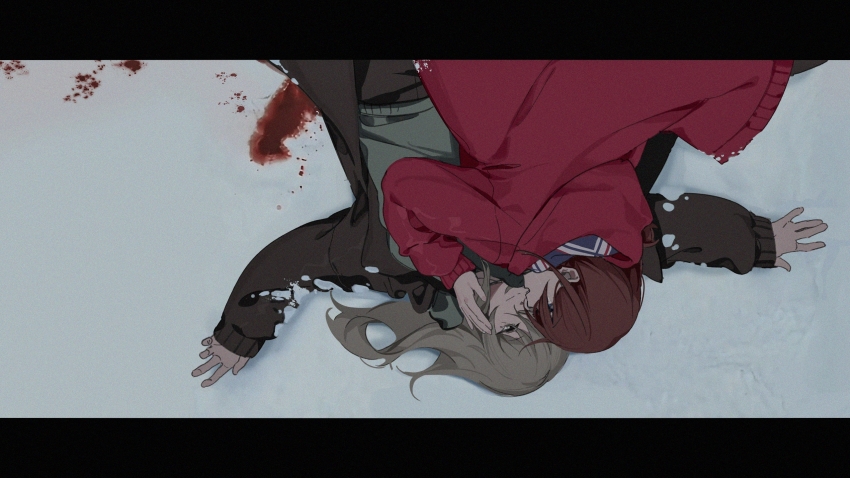 2girls black_jacket blood blood_on_ground blood_on_snow brown_hair closed_mouth commentary_request crying crying_with_eyes_open eye_contact film_grain girls_band_cry green_sweater grey_eyes grey_hair hand_on_another&#039;s_cheek hand_on_another&#039;s_face highres hood hood_down hooded_jacket inseki11 iseri_nina jacket kawaragi_momoka letterboxed long_hair long_sleeves looking_at_another lying multiple_girls on_back open_clothes open_jacket open_mouth outstretched_arms red_jacket short_hair snow spread_arms sweater tears teeth upper_teeth_only yuri