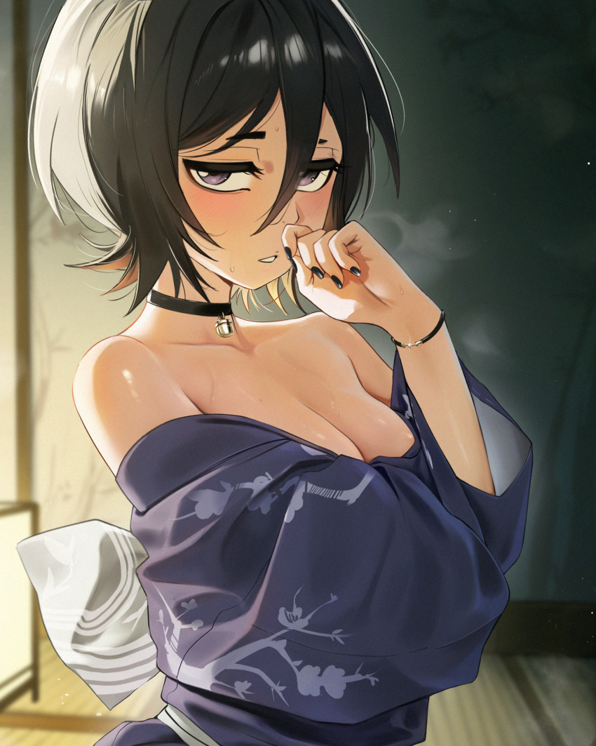 1girl absurdres black_choker black_hair black_nails bleach blush bracelet breasts choker cleavage commentary cropped english_commentary hair_between_eyes highres indoors japanese_clothes jewelry kimono kuchiki_rukia looking_at_viewer off_shoulder print_kimono purple_eyes purple_kimono short_hair small_breasts solo steaming_body sweat tatami upper_body waligner