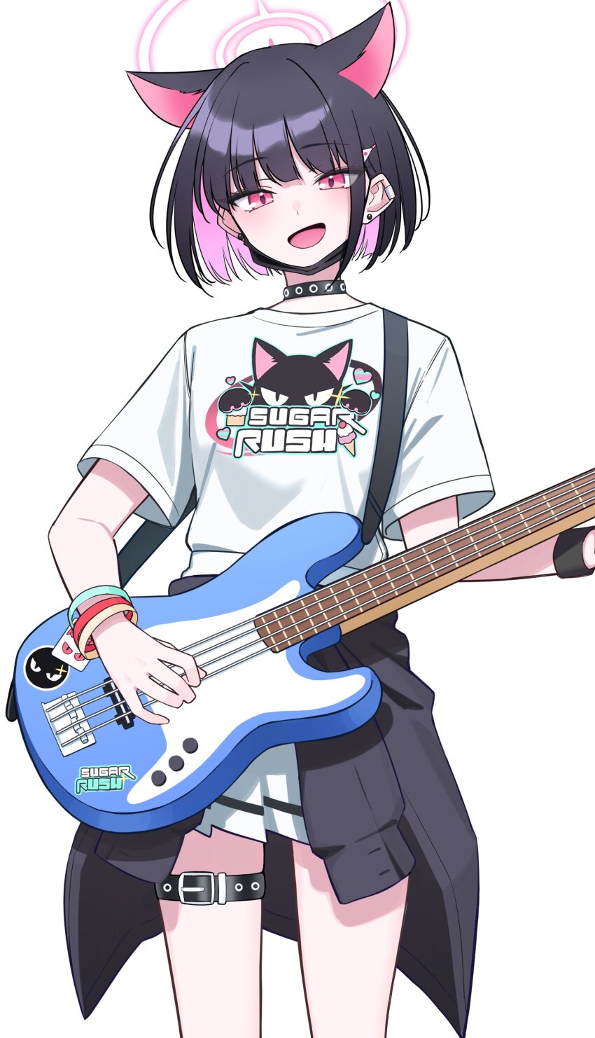 1girl absurdres animal_ears bass_guitar belt black_choker black_hair black_mask blue_archive cat_ears choker clothes_around_waist colored_inner_animal_ears colored_inner_hair bass_guitar electric_guitar extra_ears fender_jazz_bass guitar halo highres holding holding_bass_guitar holding_instrument ichiki_1 instrument jacket jacket_around_waist kazusa_(band)_(blue_archive) kazusa_(blue_archive) looking_at_viewer mask mouth_mask multicolored_hair open_mouth pink_eyes pink_hair pink_halo print_shirt shirt short_hair simple_background skirt solo thigh_belt thigh_strap two-tone_hair white_background white_shirt white_skirt