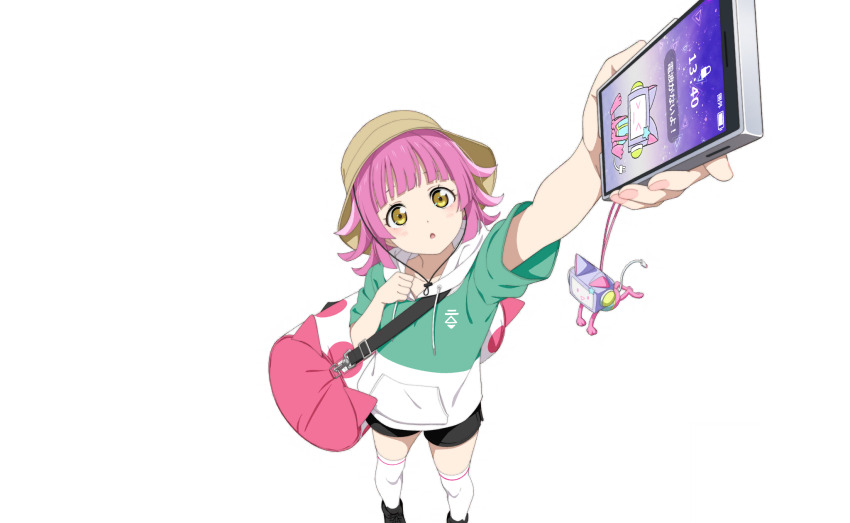 &gt;_&lt; 1girl :o arm_up bag black_footwear blunt_bangs blunt_ends blush brown_hat cable cable_tail cat cat_tail cellphone cellphone_charm charm_(object) clenched_hand duffel_bag electric_plug feet_out_of_frame from_above green_hoodie hand_on_own_chest hand_up hat highres holding holding_phone hood hood_down hoodie kishimen_hair looking_at_viewer love_live! love_live!_nijigasaki_high_school_idol_club love_live!_school_idol_festival_2 mechanical_tail medium_hair official_art open_mouth over-kneehighs phone pink_bag pink_cat pink_hair pink_nails polka_dot_bag print_hoodie robot_ears short_sleeves shorts sitting smartphone solo standing tail tennoji_rina thighhighs transparent_background two-tone_bag two-tone_hoodie white_hoodie white_thighhighs yellow_eyes
