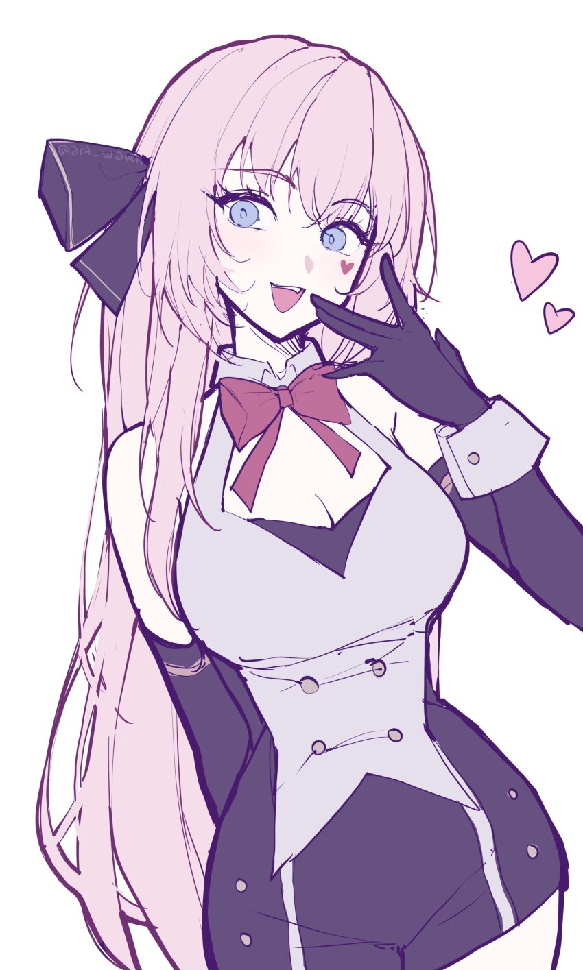1girl :d \||/ absurdres arm_behind_back art_waven bare_shoulders black_bow black_bra black_gloves black_shorts blue_eyes blush bow bowtie bra breasts buttons cleavage commentary cowboy_shot double-breasted elbow_gloves english_commentary facial_mark fingers_to_cheek flat_color gloves grey_shirt hair_between_eyes hair_bow hand_up heart heart_facial_mark highres large_breasts long_hair looking_at_viewer megurine_luka open_mouth pink_hair red_bow red_bowtie shirt short_shorts shorts simple_background sleeveless sleeveless_shirt smile solo standing straight_hair teeth underwear upper_teeth_only very_long_hair vocaloid white_background wristband