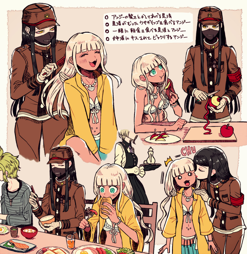 2boys 2girls :3 amami_rantaro apple bead_bracelet bead_necklace beads bikini bikini_top_only blue_eyes bracelet brown_hat brown_jacket brushing_another&#039;s_hair brushing_hair chewing chopsticks cup cutting_board danganronpa_(series) danganronpa_v3:_killing_harmony eating eyelashes fish_(food) food fruit green_hair grey_shirt hat holding holding_chopsticks jacket jewelry kiss lipstick makeup mask mouth_mask multiple_boys multiple_girls multiple_views navel necklace open_mouth peeling apple red_lips shinguji_korekiyo shirt short_hair sitting striped_clothes striped_shirt swimsuit tojo_kirumi translation_request yaoi yellow_jacket yonaga_angie yyy246