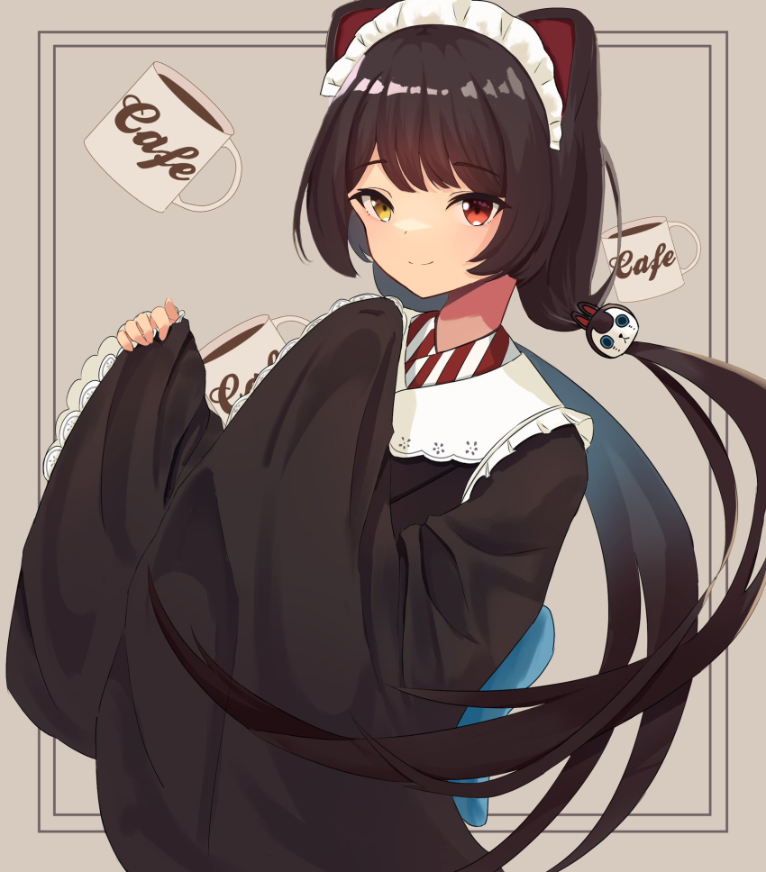 1girl aflo animal_ears apron black_hair black_kimono brown_hair brown_kimono closed_mouth cup dog_ears dog_hair_ornament frilled_apron frills furisode hair_ornament heterochromia highres inui_toko japanese_clothes kimono long_hair long_sleeves looking_at_viewer low_twintails maid maid_headdress mug mug_writing nijisanji obi pinching_sleeves red_eyes sash sleeves_past_fingers sleeves_past_wrists smile solo twintails upper_body very_long_hair virtual_youtuber wa_maid wide_sleeves yellow_eyes