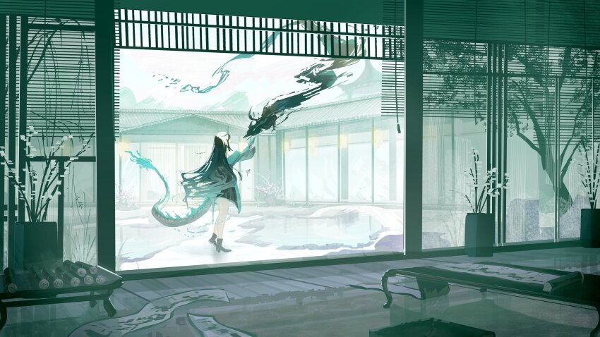 1girl absurdres arknights black_hair dragon_horns dragon_tail dusk_(arknights) highres horns house ink multicolored_hair natsuba002 solo tail