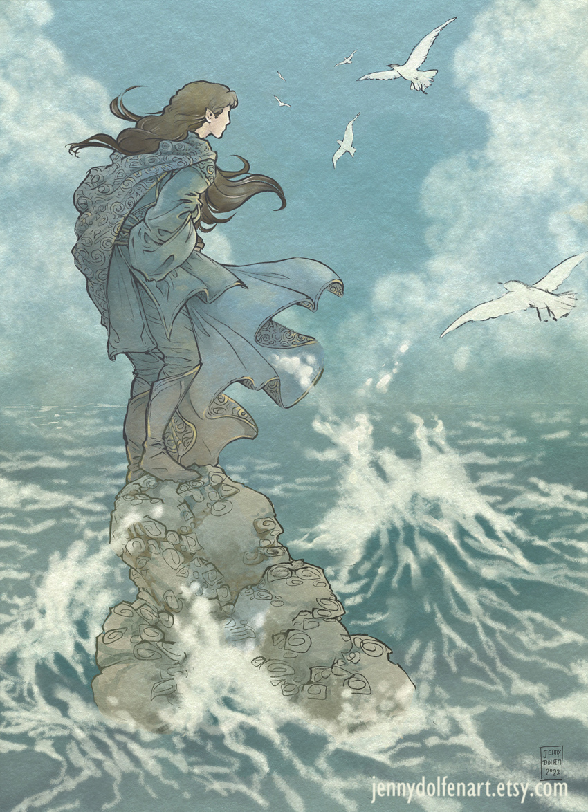 1boy artist_name barnacle bird black_footwear black_hair blue_cape blue_pants blue_sky blue_tunic boots cape cloud elf from_behind highres jenny_dolfen long_hair maglor male_focus ocean pants pointy_ears seagull sky standing standing_on_rock the_silmarillion tolkien&#039;s_legendarium tunic water waves white_bird