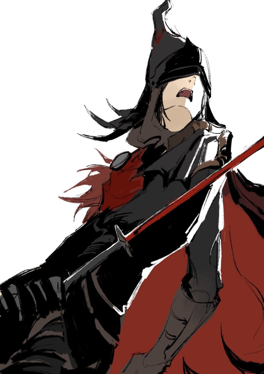 1girl armor brown_gloves cape elbow_gloves elden_ring gloves highres jiao_chang mask open_mouth red_cape solo white_background