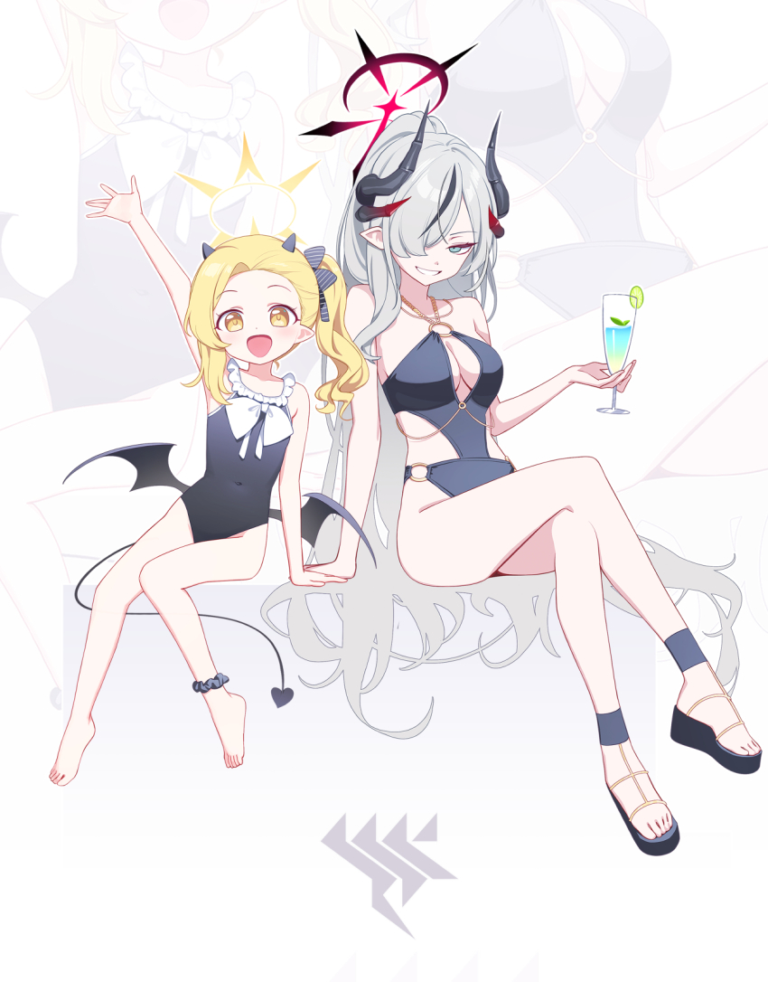 2girls alternate_costume barefoot blonde_hair blue_archive blue_eyes deadnooodles demon_horns demon_tail full_body grey_hair halo high_heels highres horns ibuki_(blue_archive) looking_at_viewer makoto_(blue_archive) multiple_girls one-piece_swimsuit sitting smile swimsuit tail twitter yellow_eyes