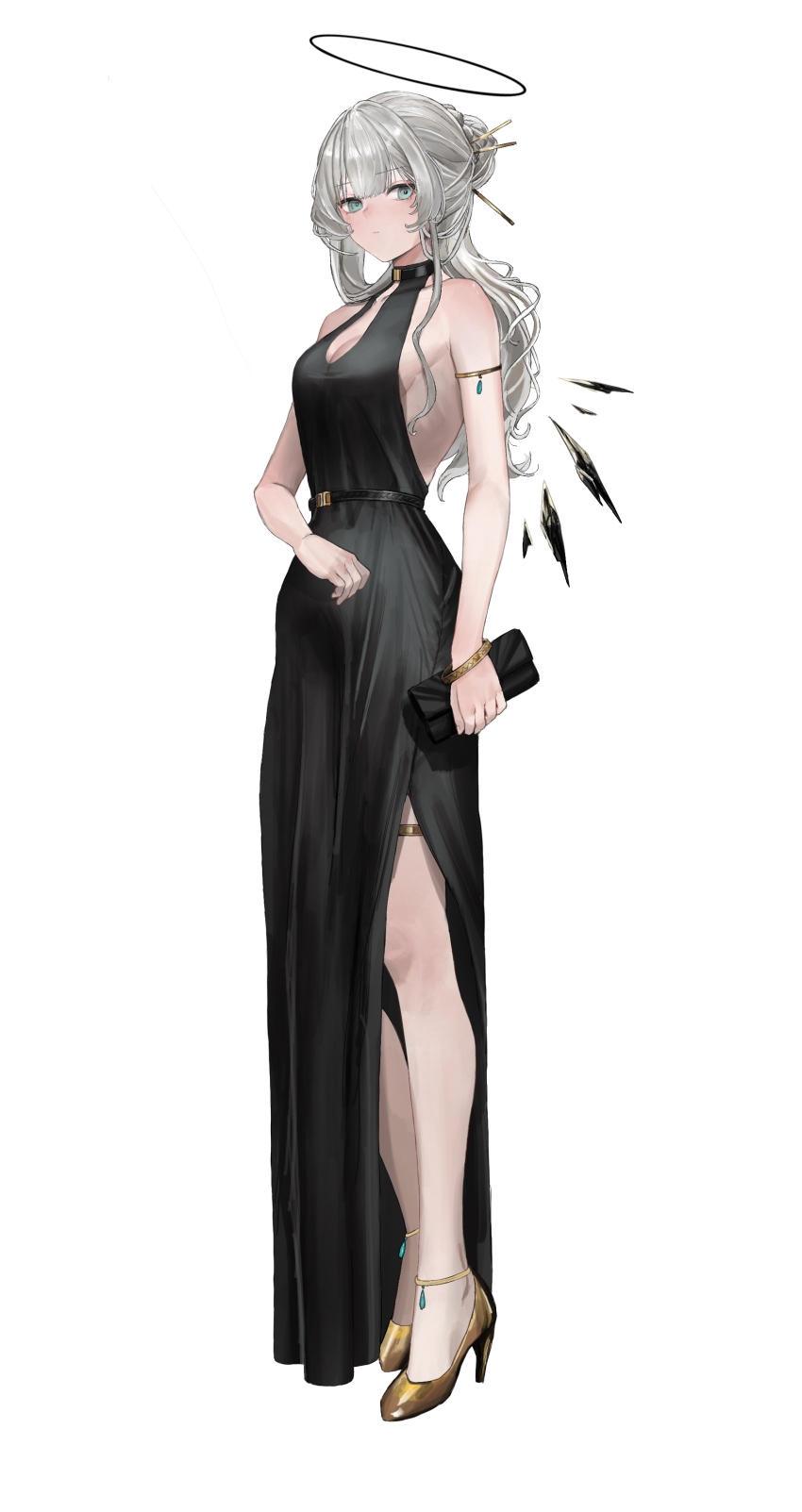 1girl absurdres arm_strap bare_arms bare_shoulders black_dress blue_eyes breasts character_request cleavage commentary_request dress full_body grey_hair halo highres long_hair looking_at_viewer sawatani_(_swt2) simple_background sleeveless sleeveless_dress solo standing white_background