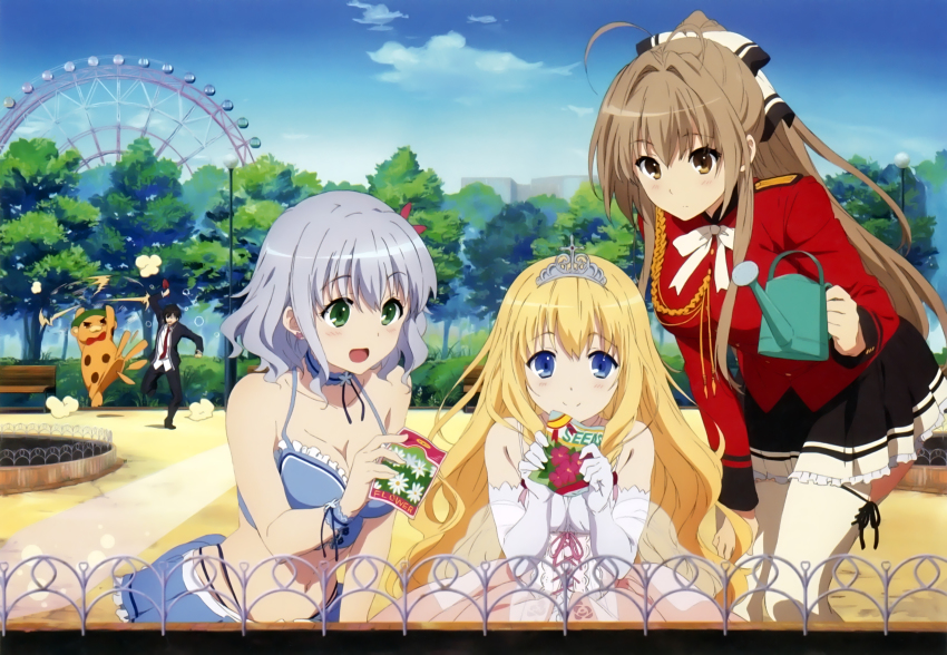 10s 1boy 3girls absurdres aiguillette amagi_brilliant_park antenna_hair blonde_hair blue_eyes blush breasts brown_eyes brown_hair ferris_wheel hat highres kanie_seiya latifa_fleuranza long_hair medium_breasts moffle multiple_girls muse_(amaburi) official_art ponytail sento_isuzu short_hair smile watering_can wavy_hair