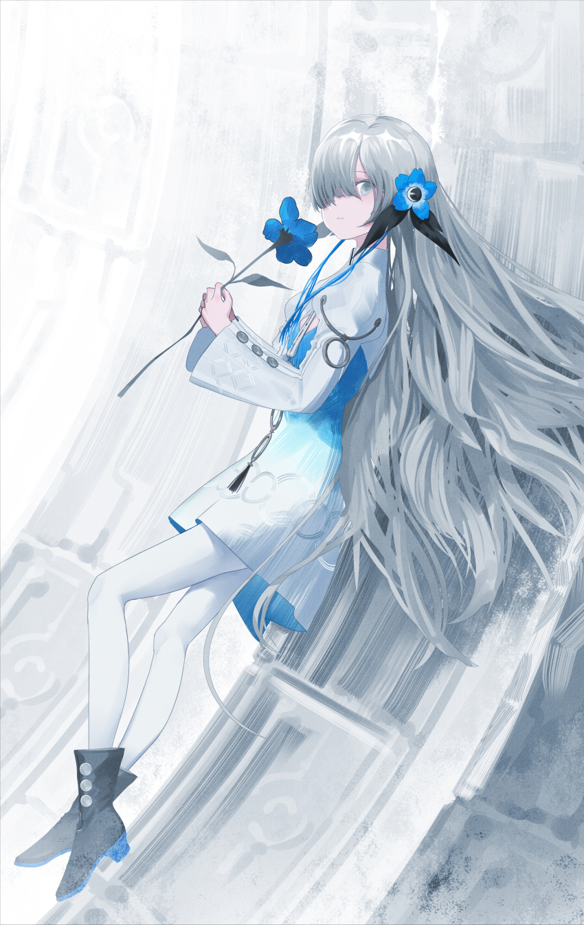 absurdres anemone_(flower) blue_flower blue_hair dress flower full_body gradient_clothes gradient_dress green_eyes grey_hair hair_ornament hair_over_eyes highres isekaijoucho kamitsubaki_studio long_hair long_sleeves looking_at_viewer looking_to_the_side multicolored_hair o-ring pantyhose ronnie_choy wavy_hair