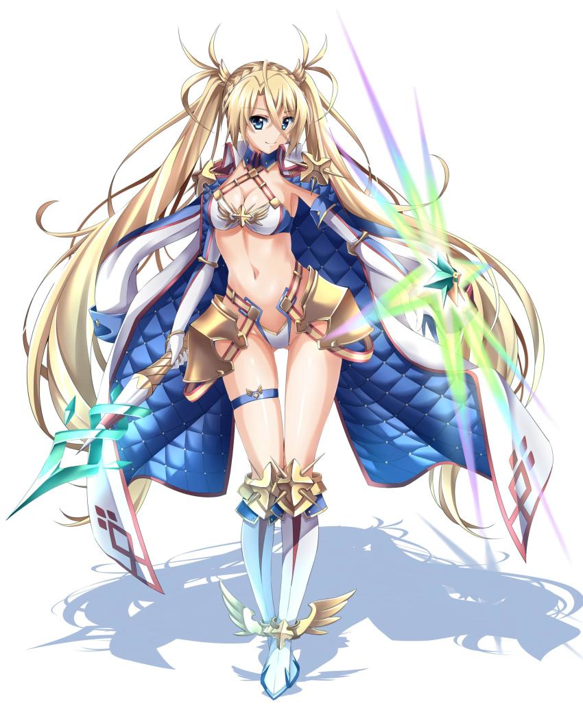 1girl absurdres armored_skirt bikini blonde_hair blue_eyes boots bradamante_(fate) bradamante_(third_ascension)_(fate) braid breasts capelet cleavage closed_mouth commentary crown_braid elbow_gloves energy_barrier energy_shield fate/grand_order fate_(series) gloves gluteal_fold highres holding holding_lance holding_polearm holding_weapon knee_boots lance long_hair looking_at_viewer medium_breasts morinaga_chitose navel official_art overskirt polearm shadow simple_background smile solo standing swimsuit thigh_strap twintails two_side_up very_long_hair voice_actor_connection weapon white_background white_bikini white_boots white_capelet white_gloves yorousa_(yoroiusagi)