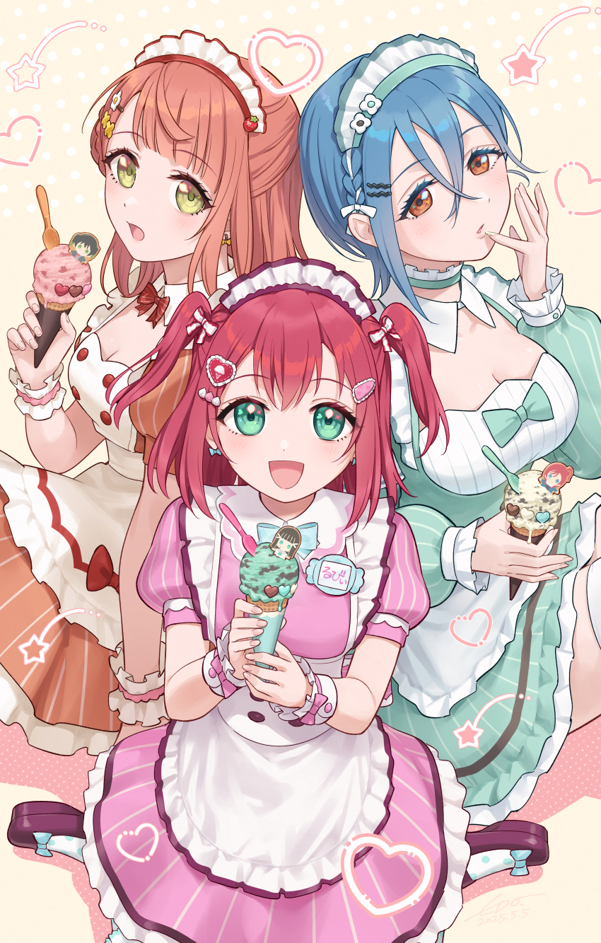 3girls absurdres aiscream_(love_live!) blue_hair breasts cleavage commentary_request dress food green_dress half_updo heart highres holding holding_food holding_ice_cream ice_cream ice_cream_spoon kurosawa_ruby long_sleeves love_live! love_live!_nijigasaki_high_school_idol_club love_live!_sunshine!! love_live!_superstar!! maid_headdress medium_breasts multiple_girls open_mouth orange_dress orange_eyes parted_lips pink_dress purple_shoes red_hair shoes short_hair spoon star_(symbol) two_side_up uehara_ayumu wakana_shiki wedo wrist_cuffs yellow_eyes