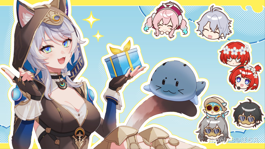 1girl absurdres animal_ear_fluff animal_ears animal_hood aqua_eyes blush breasts brown_gloves brown_hood brown_tail bubbles_(honkai:_star_rail) cat_ears cat_hood cat_tail cipher_(honkai:_star_rail) dan_heng_(honkai:_star_rail) fingerless_gloves gift gloves highres holding holding_gift honkai:_star_rail honkai_(series) hood hood_up hyacine_(honkai:_star_rail) leg_armor long_hair long_sleeves medium_breasts open_mouth phainon_(honkai:_star_rail) pochimaru_(marumaru_wanwan) seal_(animal) smile solo stelle_(honkai:_star_rail) tail trailblazer_(honkai:_star_rail) tribbie_(honkai:_star_rail) trinnon_(honkai:_star_rail) white_hair