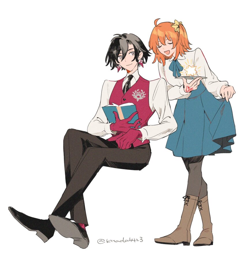 1boy 1girl :d ahoge artist_name black_footwear black_hair black_necktie black_pants black_pantyhose blue_ribbon blue_skirt book boots bowing brown_footwear closed_eyes closed_mouth collared_shirt commentary_request constantine_xi_(fate) crossed_legs curtsey earrings fate/grand_order fate_(series) fujimaru_ritsuka_(female) fujimaru_ritsuka_(female)_(anniversary_blonde) full_body gloves grey_eyes hair_between_eyes hair_ornament hair_scrunchie highres holding holding_book holding_tray invisible_chair jewelry kitada loafers long_sleeves looking_at_another looking_to_the_side neck_ribbon necktie one_side_up open_book open_mouth pants pantyhose pink_gloves pink_socks pink_vest ribbon scrunchie shirt shoes short_hair sideways_glance simple_background sitting skirt skirt_hold smile socks standing tray twitter_username u_u vest watson_cross white_background white_shirt wing_collar yellow_scrunchie