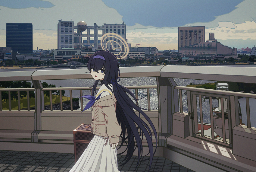 1girl black_hair blue_archive blue_eyes blue_hairband blue_ribbon brown_cardigan building buttons cardigan city cityscape feet_out_of_frame from_side fuji_television hair_between_eyes hairband halo highres lake long_hair long_skirt long_sleeves looking_at_viewer looking_to_the_side nkymyura open_mouth outdoors pleated_skirt ribbon ribbon-trimmed_clothes ribbon_trim sailor_collar scenery ship skirt solo suitcase sweater tokyo_(city) tree turtleneck turtleneck_sweater ui_(blue_archive) very_long_hair watercraft white_skirt