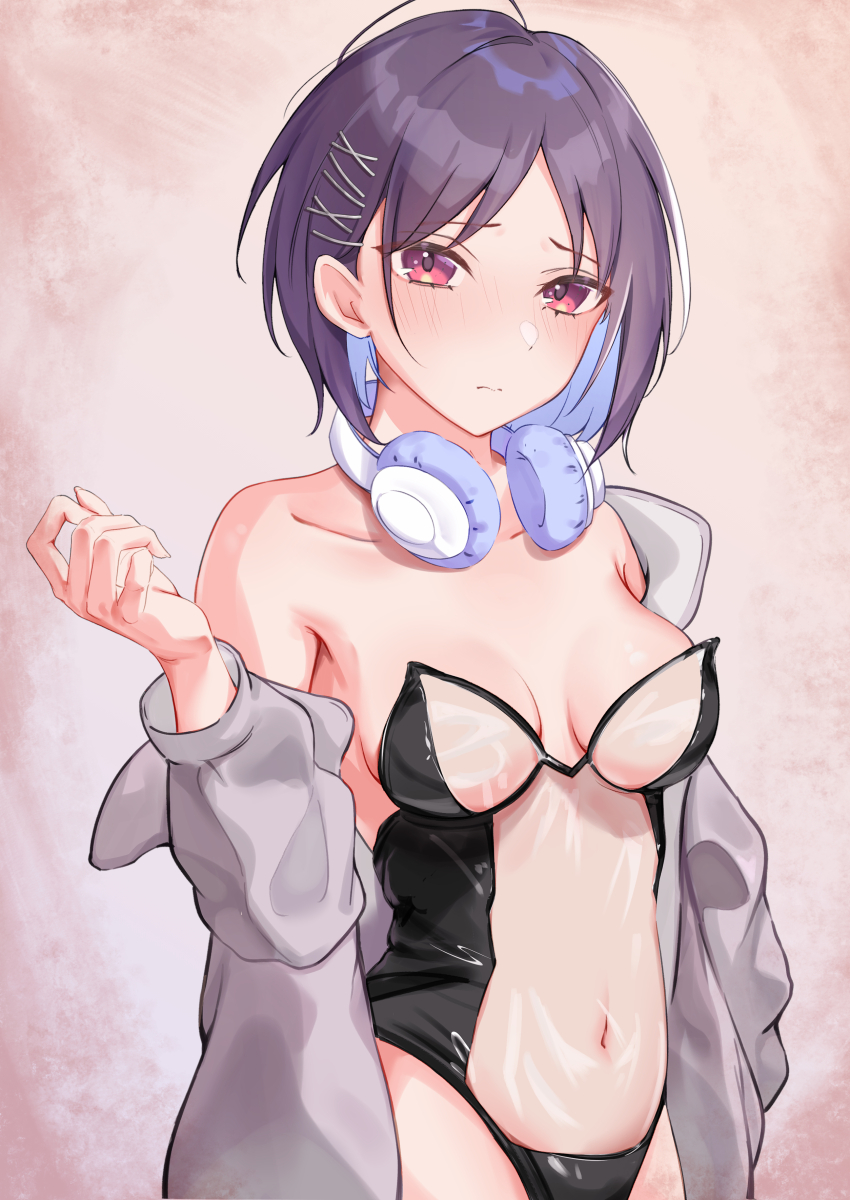 1girl absurdres bare_shoulders black_leotard breasts breasts_apart collarbone commentary cowboy_shot curled_fingers curtained_hair dot_nose forehead gakuen_idolmaster hair_ornament hand_up headphones headphones_around_neck highleg highleg_leotard highres idolmaster jacket leotard light_frown looking_at_viewer mashiro_yu medium_breasts medium_hair narrow_waist navel off_shoulder open_clothes open_jacket parted_bangs pink_eyes playboy_bunny purple_hair see-through_clothes see-through_leotard simple_background solo stomach x_hair_ornament yonemochi_yume
