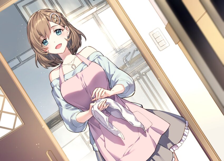 1girl :d aqua_eyes bob_cut booby_jockey!! brown_hair brown_skirt door dutch_angle earrings faucet hair_ornament holding holding_towel jewelry kitchen light_switch mimasaka_seirai nardack necklace novel_illustration off-shoulder_shirt off_shoulder official_art open_mouth second-party_source shirt skirt smile solo star_(symbol) star_hair_ornament stud_earrings towel