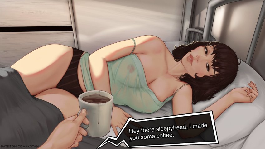 1girl bed breasts brown_eyes brown_hair cleavage coffee coffee_mug collarbone cup english_text kawakami_sadayo kotan kotan_draws large_breasts mug nipples no_bra panties persona persona_5 pillow see-through_clothes strap_slip striped_clothes striped_panties tank_top thick_thighs thighs underwear waking_up