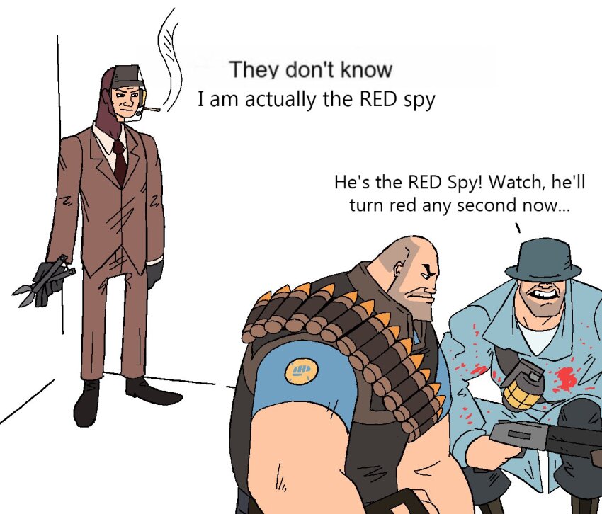 3boys ammunition_belt balaclava bald black_footwear black_gloves blood blood_on_clothes blu_heavy_(tf2) blu_soldier_(tf2) blue_jacket blue_shirt cigarette cosplay english_text explosive formal_clothes gloves grenade gun heavy_(tf2) helmet holding holding_weapon jacket long_sleeves meet_the_team meme multiple_boys necktie red_necktie red_spy_(tf2) red_suit scout_(tf2) scout_(tf2)_(cosplay) shirt short_sleeves shotgun smoking soldier_(tf2) spy_(tf2) suit team_fortress_2 thef1amethr0wer they_don&#039;t_know_(meme) weapon white_background