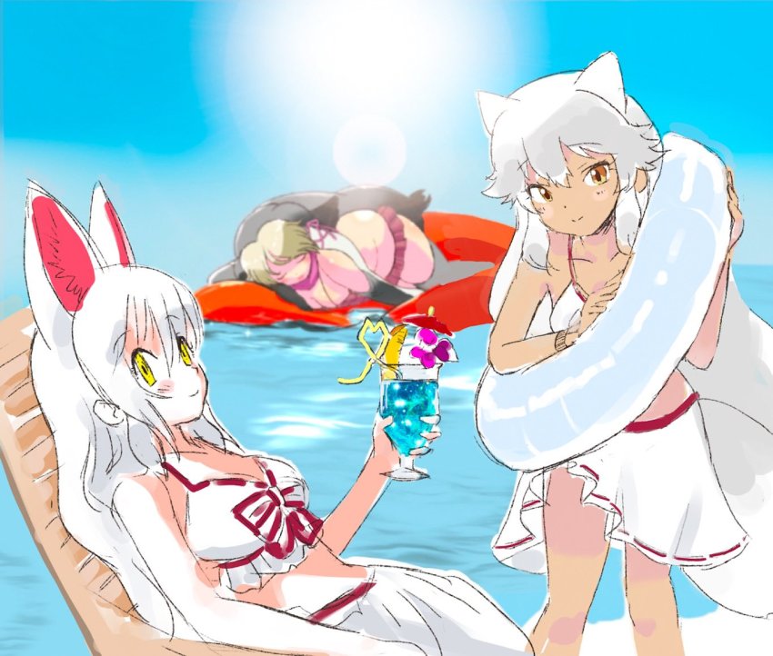3girls alternate_costume animal_ears arctic_fox_(kemono_friends) beach beach_chair bikini blonde_hair bow collarbone drink fox_ears fox_girl fox_tail frilled_bikini frills grey_hair grey_thighhighs ieinu_account innertube kemono_friends long_hair matching_outfits midriff multicolored_hair multiple_girls navel ocean oinari-sama_(kemono_friends) orange_eyes pink_bikini red_bow sarong sitting sleeping swim_ring swimsuit tail thighhighs two-tone_hair walrus_(kemono_friends) white_bikini white_hair white_sarong yellow_eyes